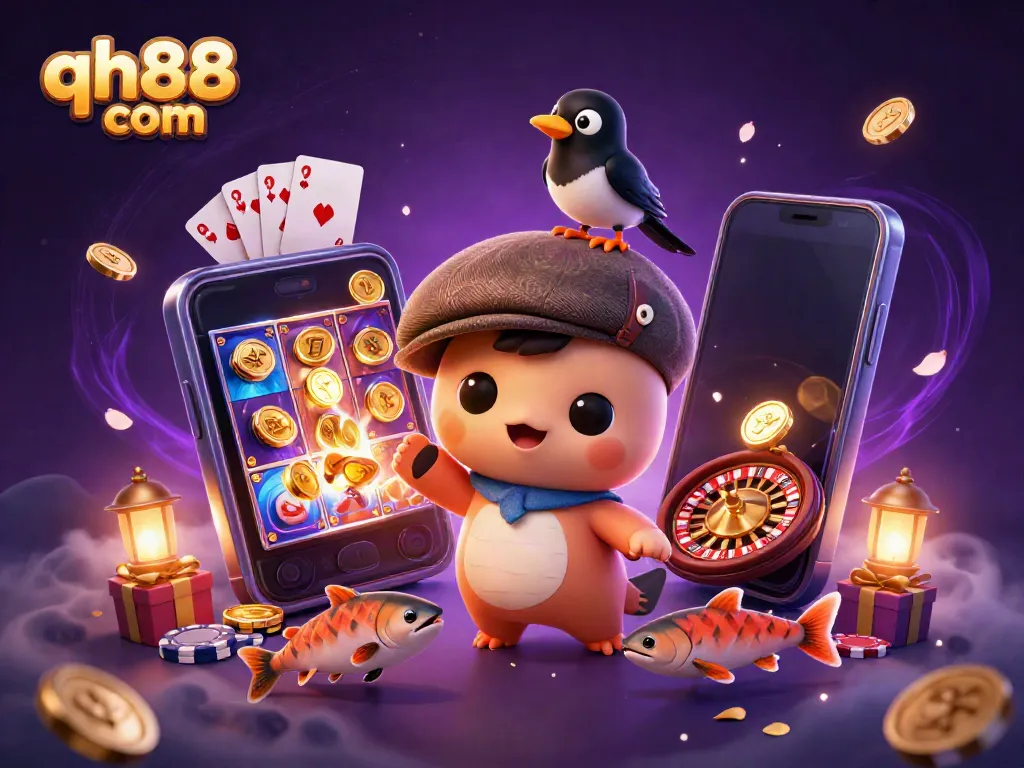 Engage with QH88 com, showcasing a playful cartoon Nessie amidst casino elements.