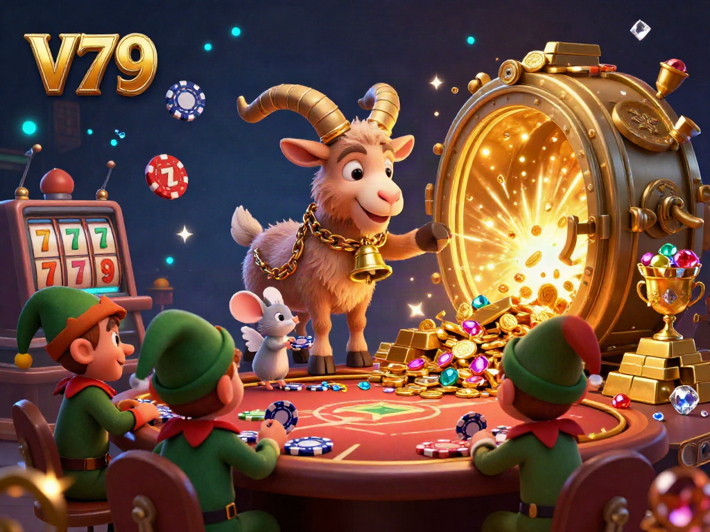 Experience thrilling gameplay at V79 with a festive Krampus goat and dynamic casino scene filled with excitement.