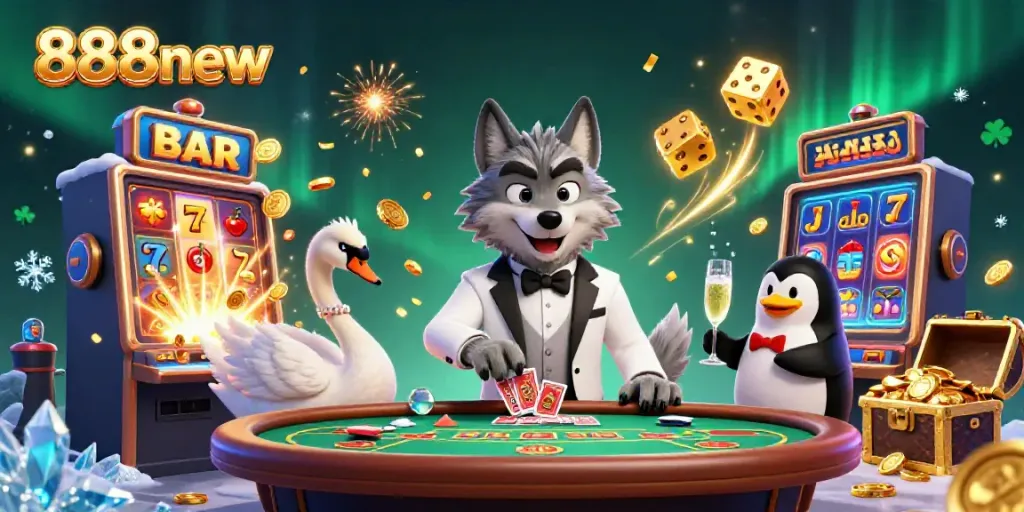 Experience the thrill of 888new with a captivating digital illustration of a debonair wolf at a baccarat table.