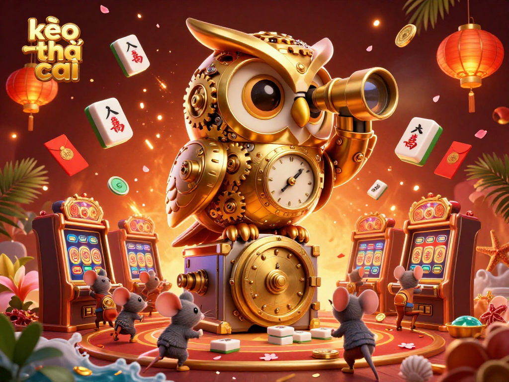 Kèo nhà cái showcases a dynamic scene with a golden owl and tiny patrons on a vibrant casino floor filled with colorful elements.