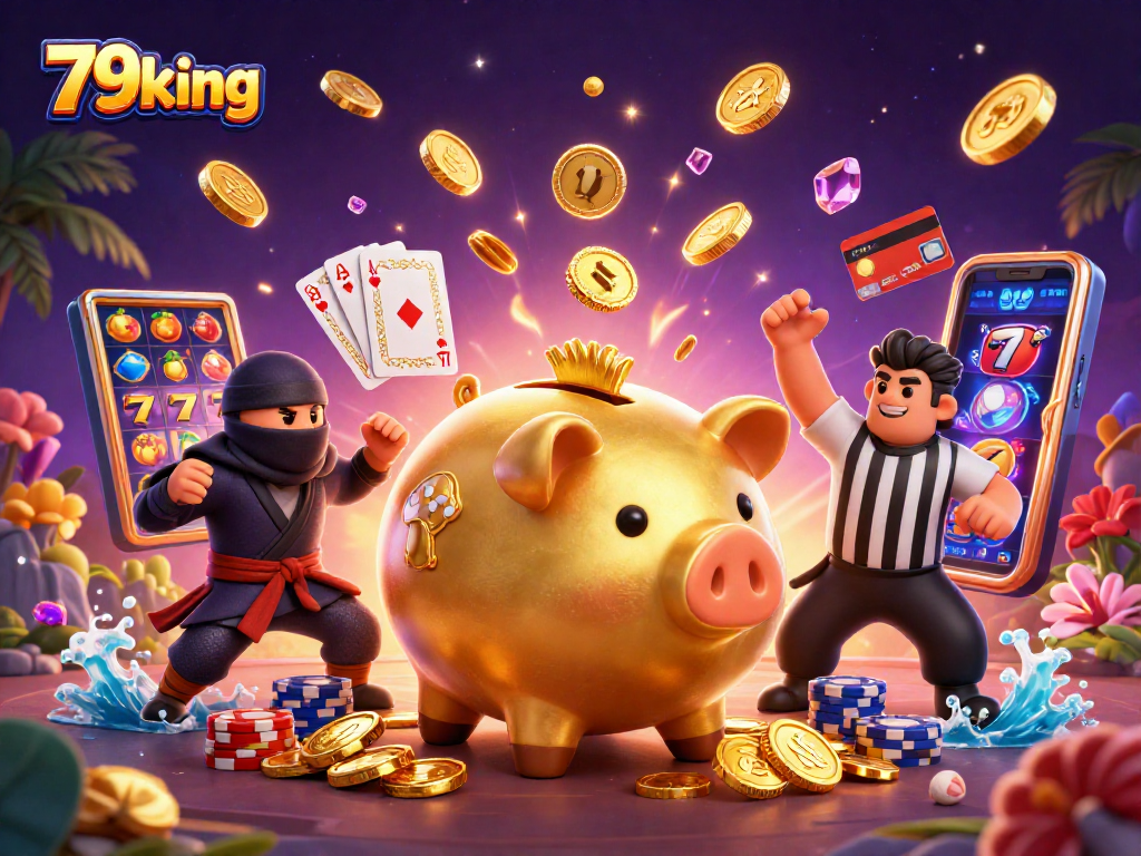 Experience the thrill of 79king with giant characters, coins, and slot symbols in a colorful casino scene.