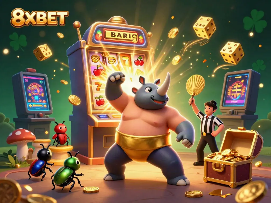 Experience the thrilling world of 8XBET with a vibrant 3D scene featuring exciting casino elements and dynamic characters.