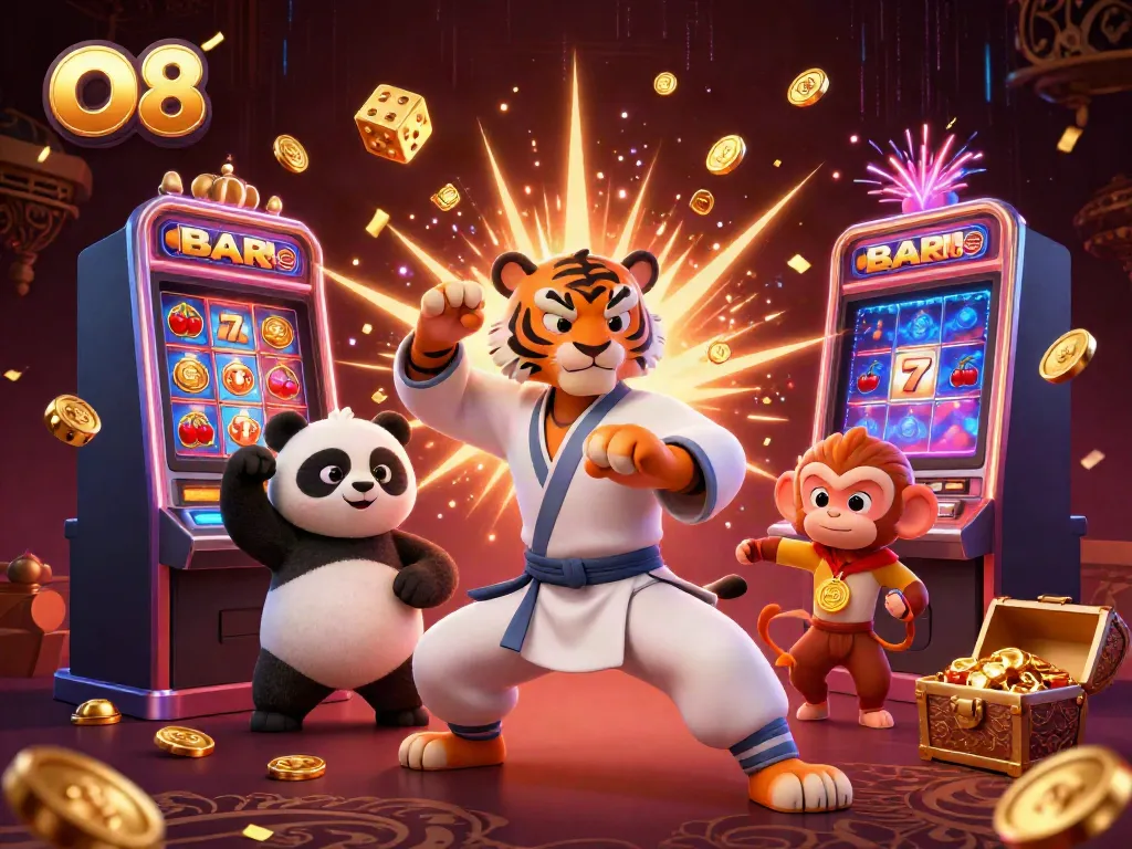 O8 transforms gaming with a vibrant scene of playful characters and dynamic casino action.