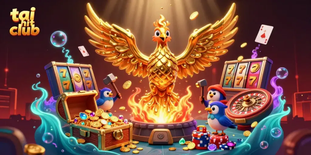 Experience the allure of gambling with the tai hit club phoenix rising from gold, surrounded by casino treasures.