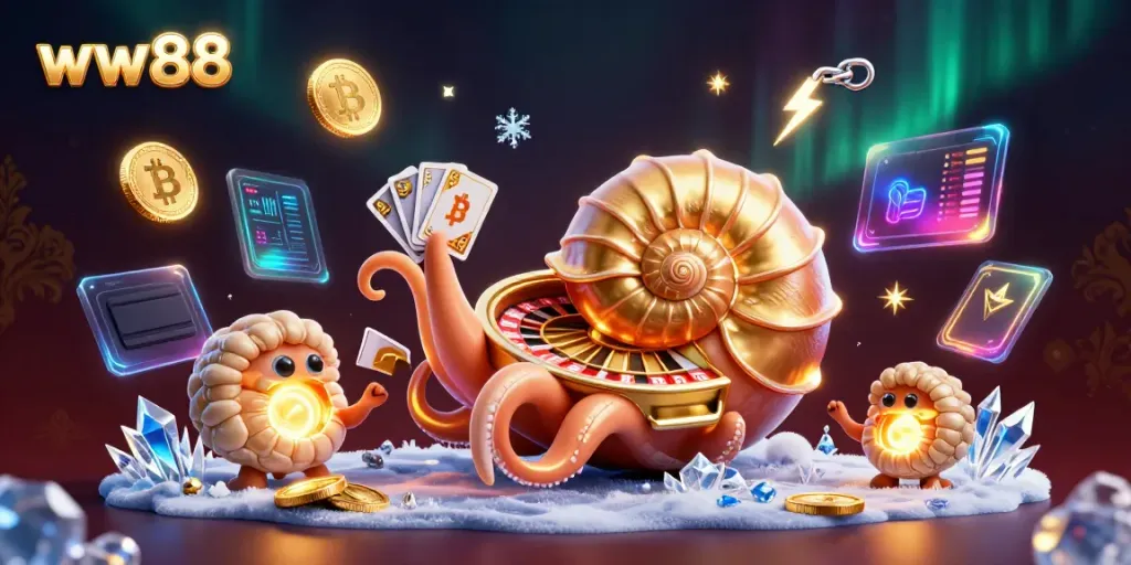 Engage with thrilling gameplay at ww88 featuring a giant nautilus roulette wheel and glowing cryptocurrencies.