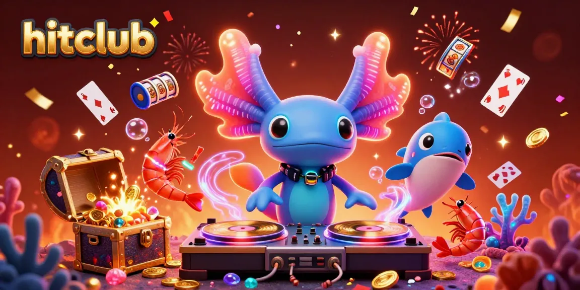 Experience the vibrant hitclub casino scene with a neon axolotl DJ and playful shrimp, celebrating underwater treasures.