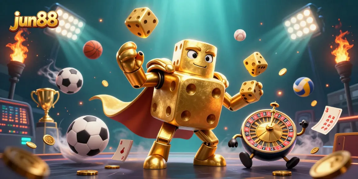 Experience the excitement of jun88 with a dynamic 3D illustration featuring golden dice and sports elements.