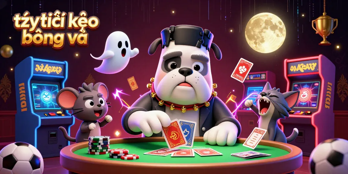 Engage with tỷ lệ kèo bóng đá through a lively 3D illustration featuring a bulldog dealer, sports betting elements, and vibrant atmosphere.