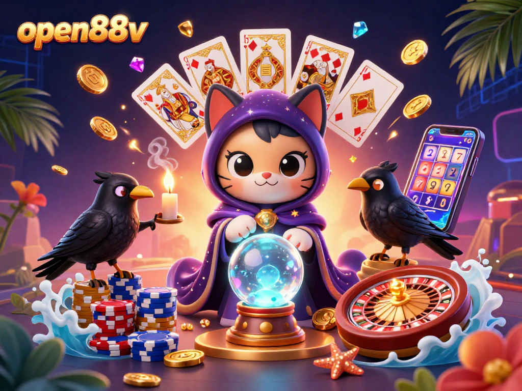Experience the magic of open88v with a vibrant scene depicting a mystical cat fortune teller and golden casino elements.
