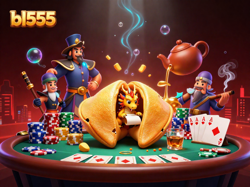 Engage with the rich world of bl555 casino, showcasing a giant fortune cookie and poker elements.