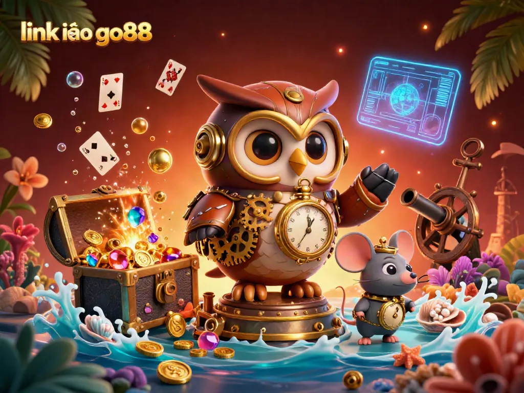 Experience the excitement of link vào go88 with a steampunk owl and dynamic gaming elements in a vibrant casino scene.