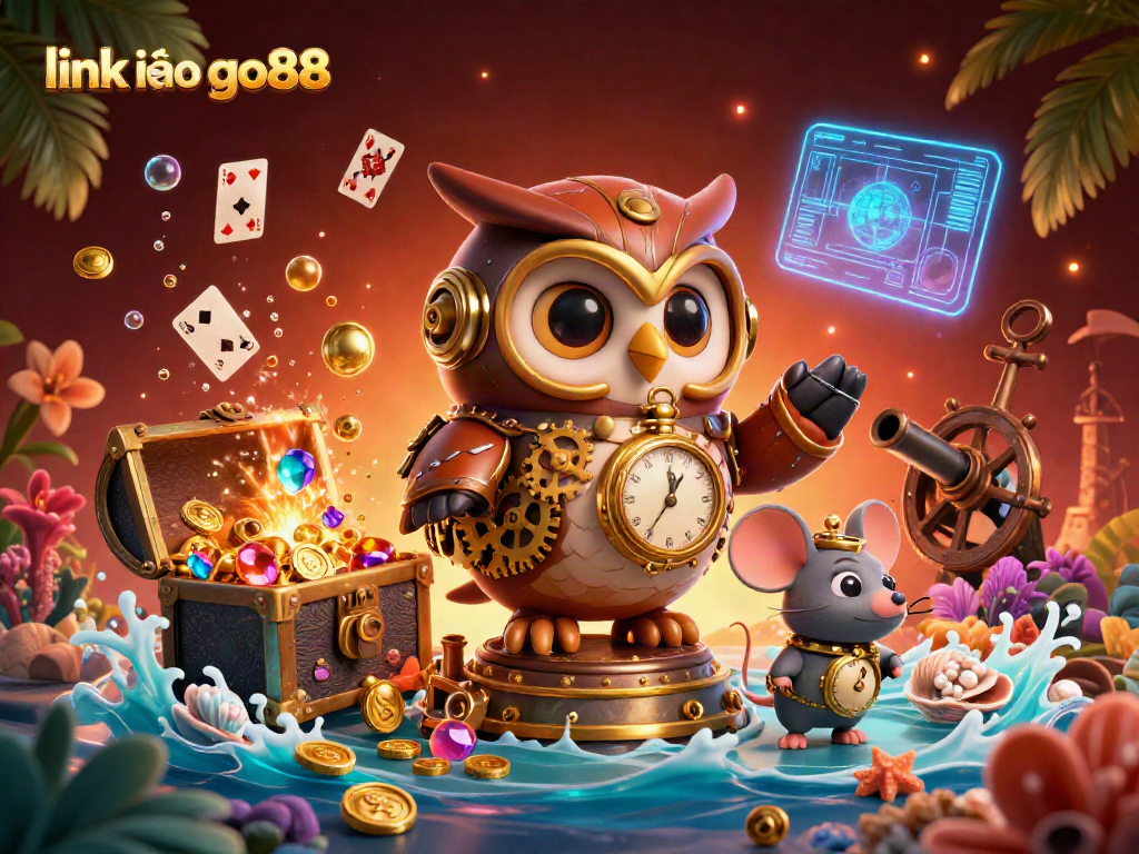 Experience the excitement of link vào go88 with a steampunk owl and dynamic gaming elements in a vibrant casino scene.