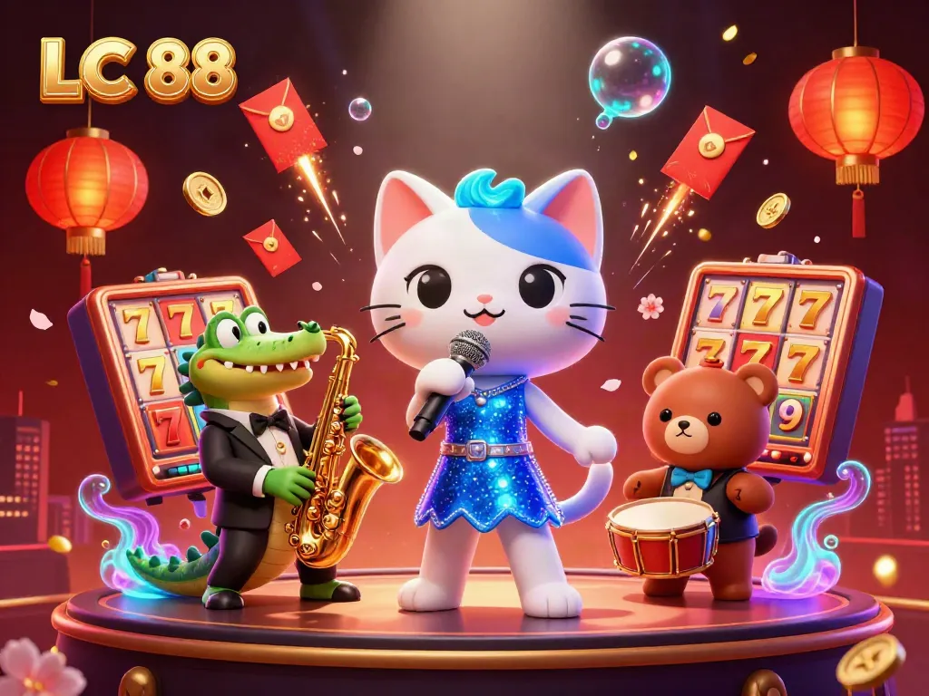 Engaging scene showcasing LC 88's vibrant casino atmosphere with jazz-singer cat and slot game elements.