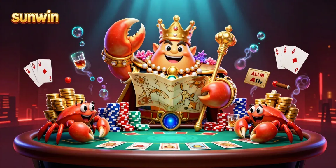 Join the excitement at sunwin's 3D cartoon casino scene featuring a crab emperor amidst poker action.