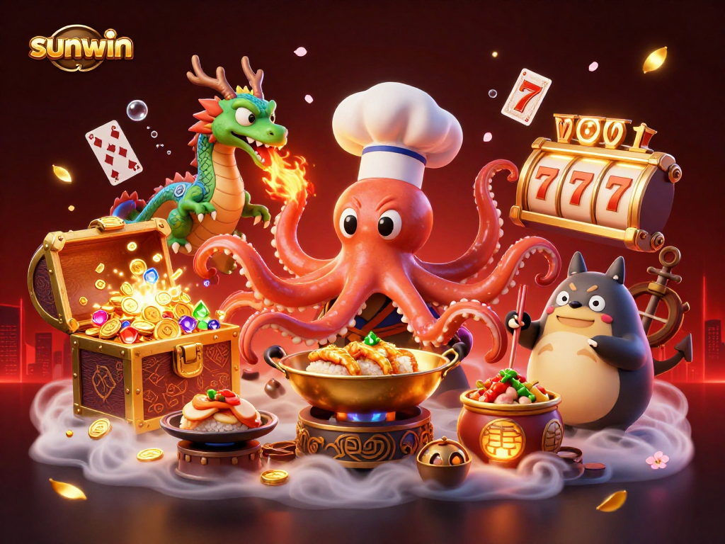 Sunwin showcases a colorful illustration of cartoon characters celebrating big wins in an animated casino scene.