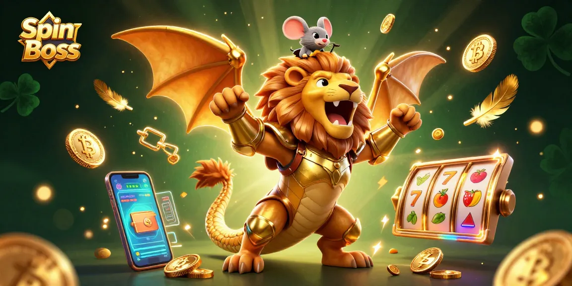 Experience the excitement of Spin Boss with vibrant casino elements, golden coins, and animated games.