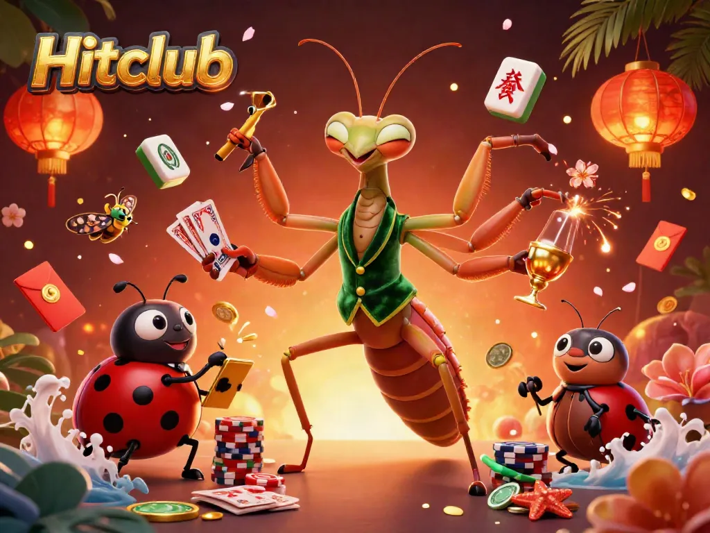 Hitclub scene with a giant mantis, a ladybug pit boss, and vibrant casino elements in action.