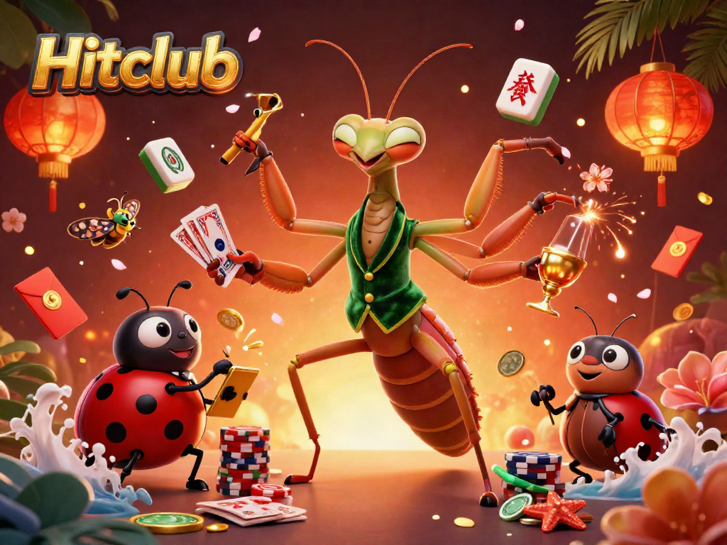 Hitclub scene with a giant mantis, a ladybug pit boss, and vibrant casino elements in action.