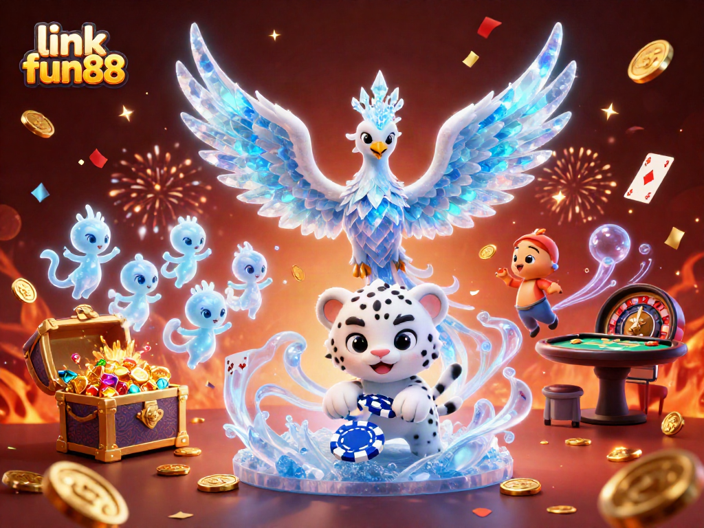 Experience thrilling gaming action with link fun88, showcasing vibrant ice phoenixes and dynamic casino elements.