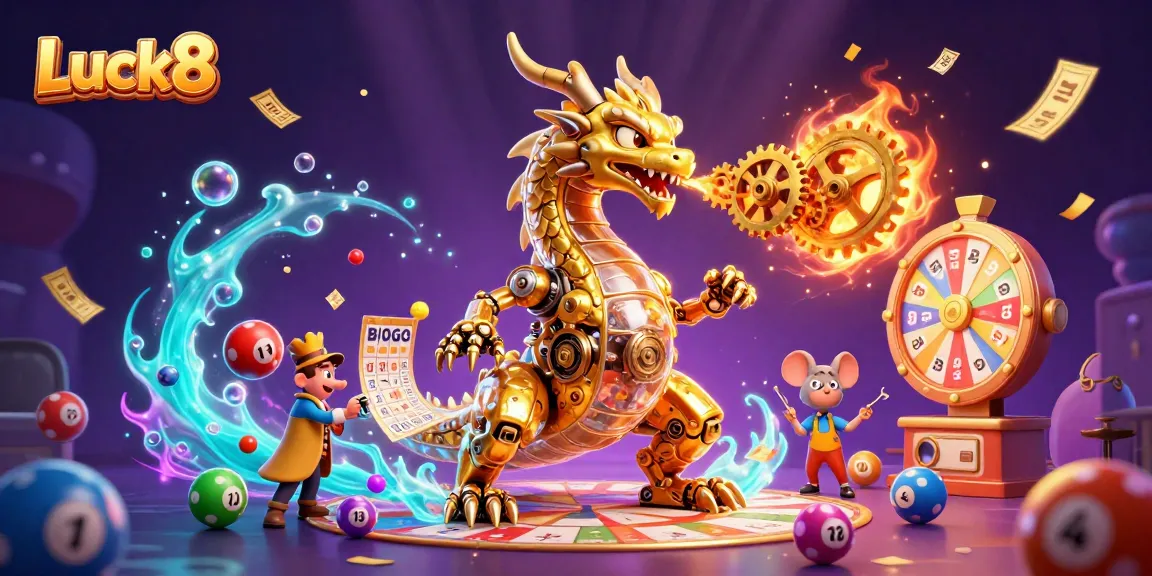 Engage with dynamic gaming experiences at Luck8 featuring a golden dragon and colorful lottery elements.