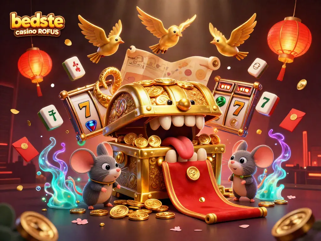 Experience the thrill of the beste casino uden ROFUS with a vibrant scene featuring a treasure chest and gaming elements.
