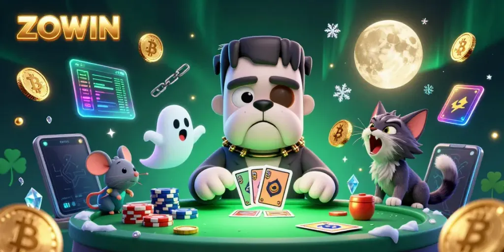 ZOWIN offers thrilling gameplay with a 3D monster dealer, ghost mouse, and werewolf kitten at a neon-lit casino
