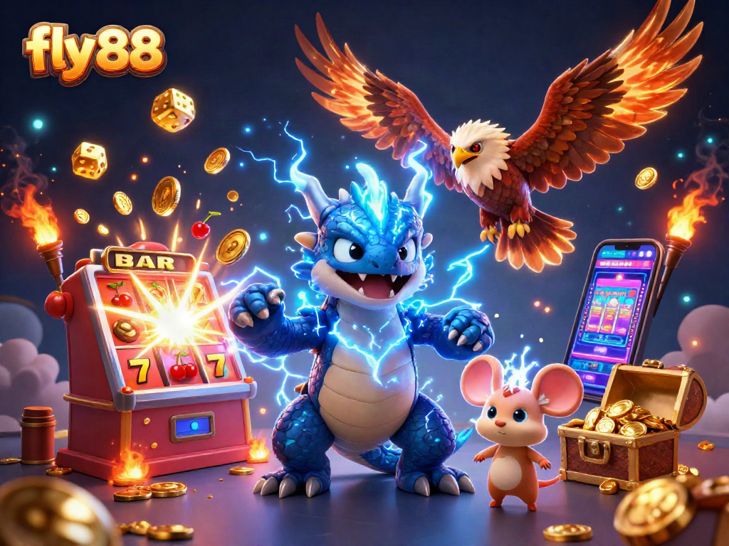 Fly 88 casino experience featuring thrilling dragon, hawk, and mouse characters with jackpots.
