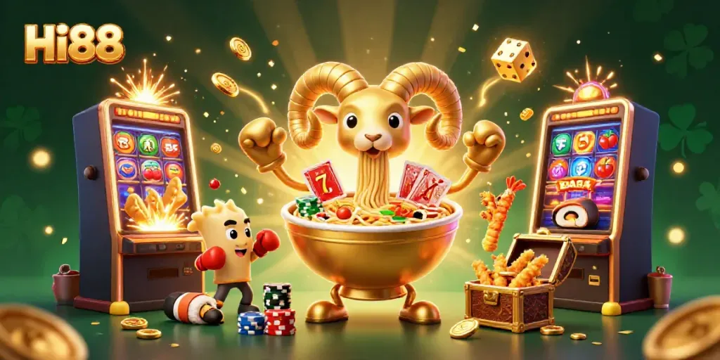 Hi88 offers dynamic gaming fun with a creative Ramen bowl dealer, cheerful sushi and tempura figures in a vibrant casino scene.