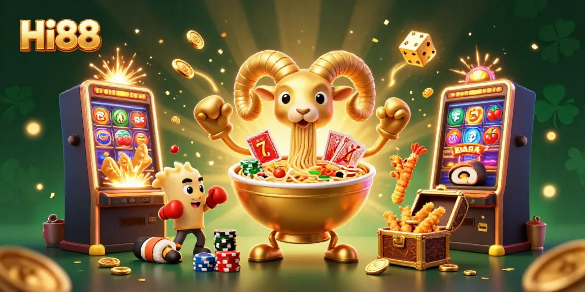 Hi88 offers dynamic gaming fun with a creative Ramen bowl dealer, cheerful sushi and tempura figures in a vibrant casino scene.