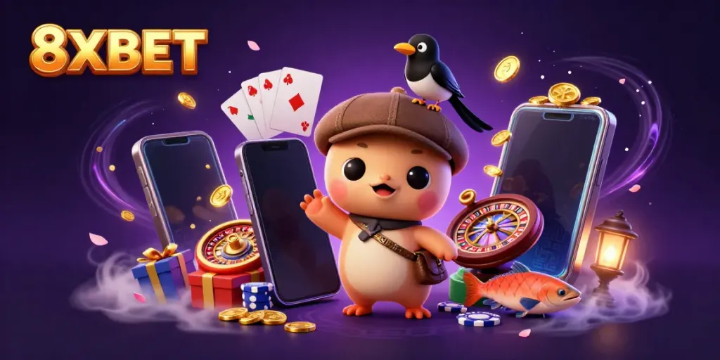 Spin and win at 8XBET with cartoon characters celebrating gaming excitement and vibrant casino elements.