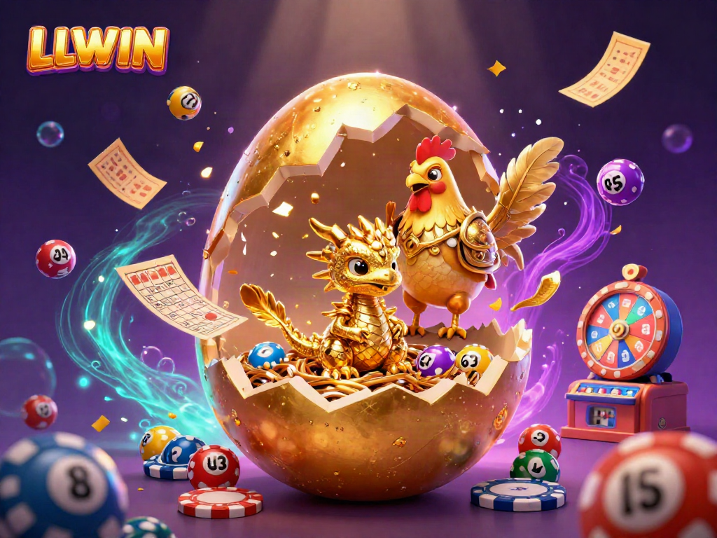 Experience the thrill of LLWIN with golden treasures and dynamic gaming elements in a vibrant scene.