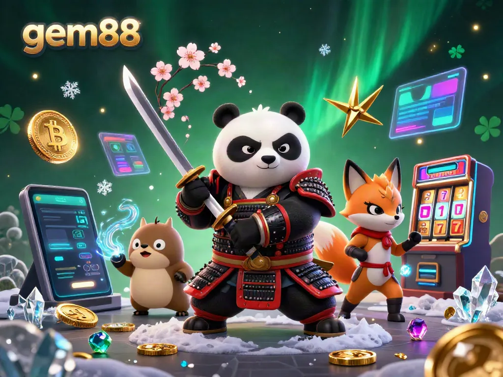 Watch the samurai panda and ninja fox in gem88's casino, showcasing Bitcoin coins, slot machines, and magical elements.