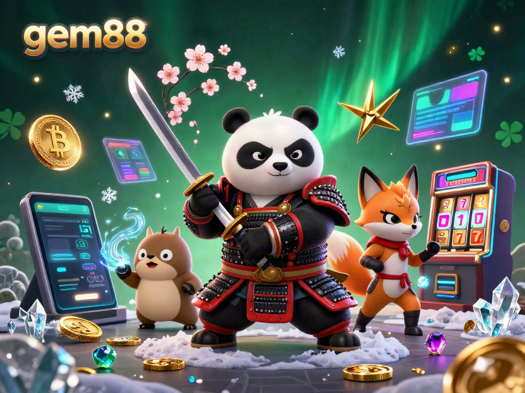 Watch the samurai panda and ninja fox in gem88's casino, showcasing Bitcoin coins, slot machines, and magical elements.