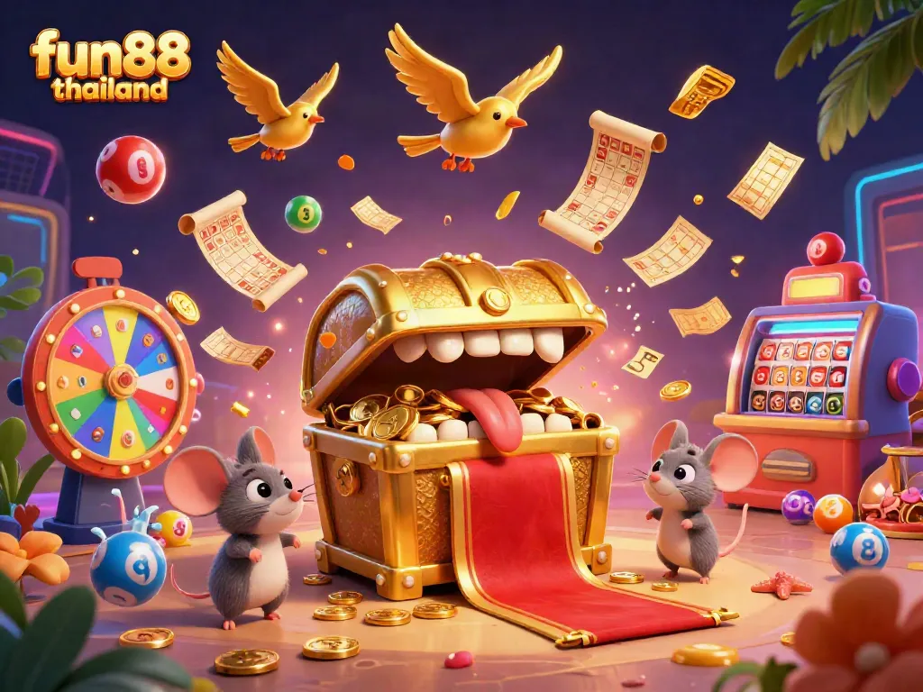 Play and win at fun88 thailand with a vibrant 3D treasure chest scene filled with casino elements.