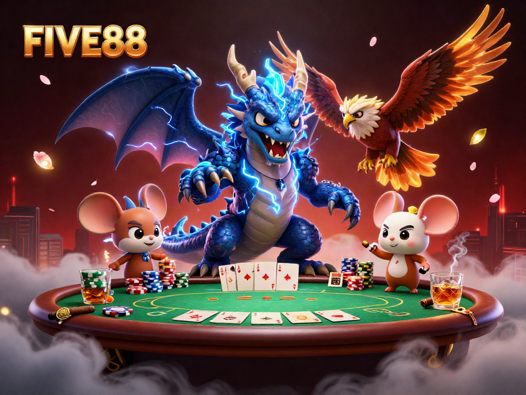 Engage with FIVE88's electrifying gaming world featuring dynamic characters in a vibrant casino scene.
