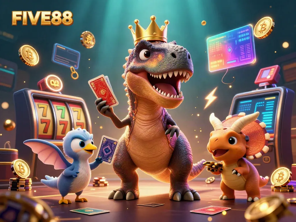 Engage in casino action with FIVE88 featuring a T-Rex shuffling cards, a pterodactyl assistant, and golden chips.