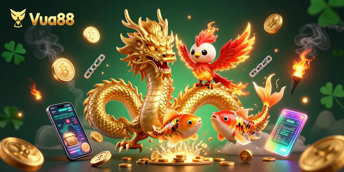 Experience Vua88 with a fierce dragon, phoenix, and koi fish in a vibrant casino atmosphere, rich with gold coins.