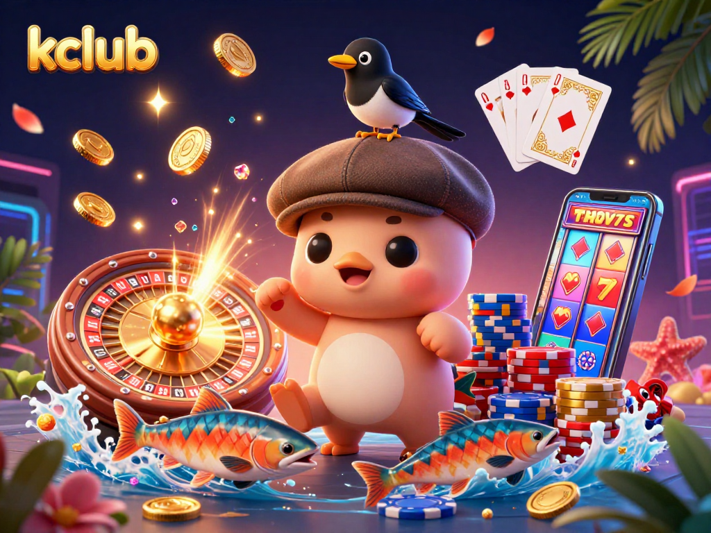 Kclub invites players to experience vibrant casino action with baby Nessie and friends in a lively 3D illustration.