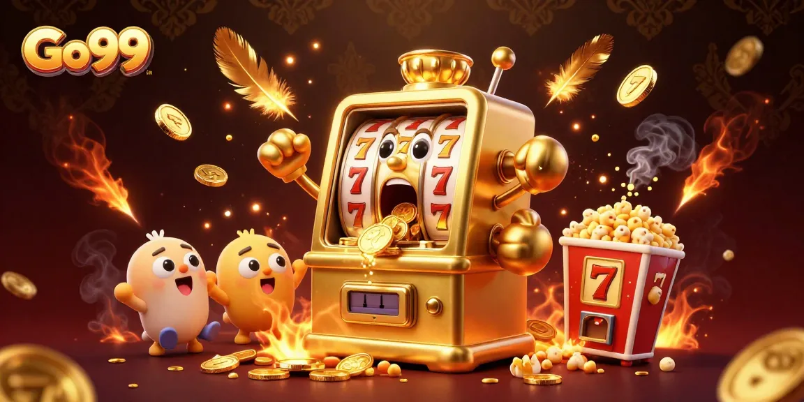 Go99 showcases a winning moment with cartoons celebrating a slot machine jackpot.
