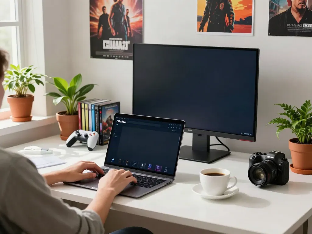 Pikashow streaming setup for PC featuring cozy office elements and vibrant decorations.