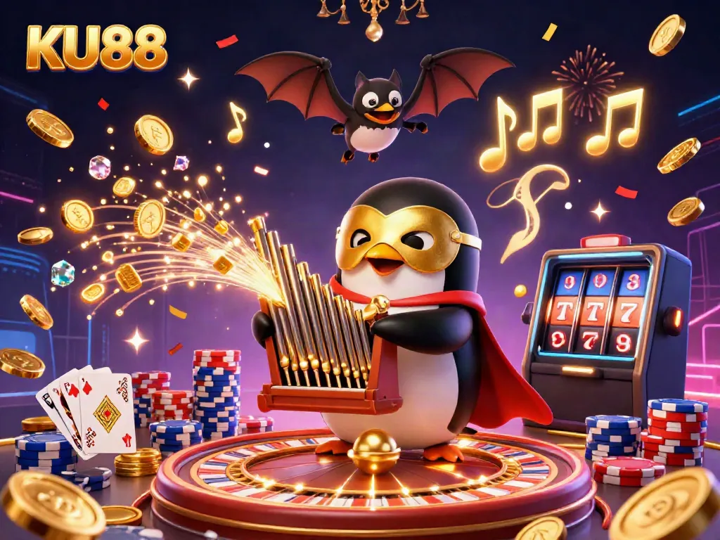 Experience the excitement of KU88 with vibrant casino elements and engaging characters in a dynamic 3D illustration.