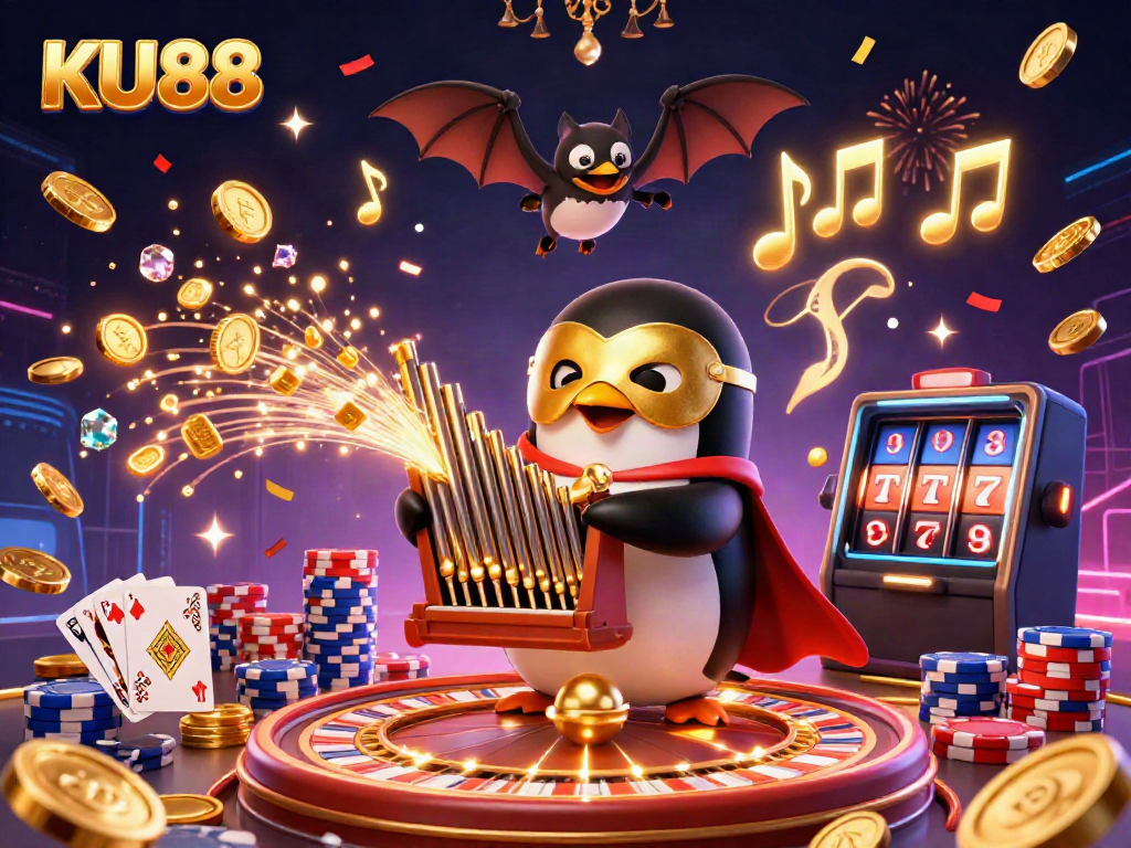 Experience the excitement of KU88 with vibrant casino elements and engaging characters in a dynamic 3D illustration.