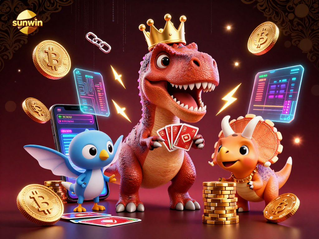 Join the excitement at sunwin with a crypto-themed casino illustration featuring a T-Rex dealer and animated chips.