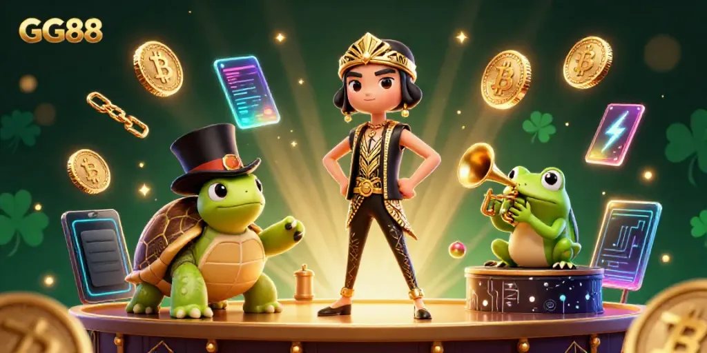 Spin the reels at GG88 with vibrant 3D casino characters and crypto elements in a lively setting.
