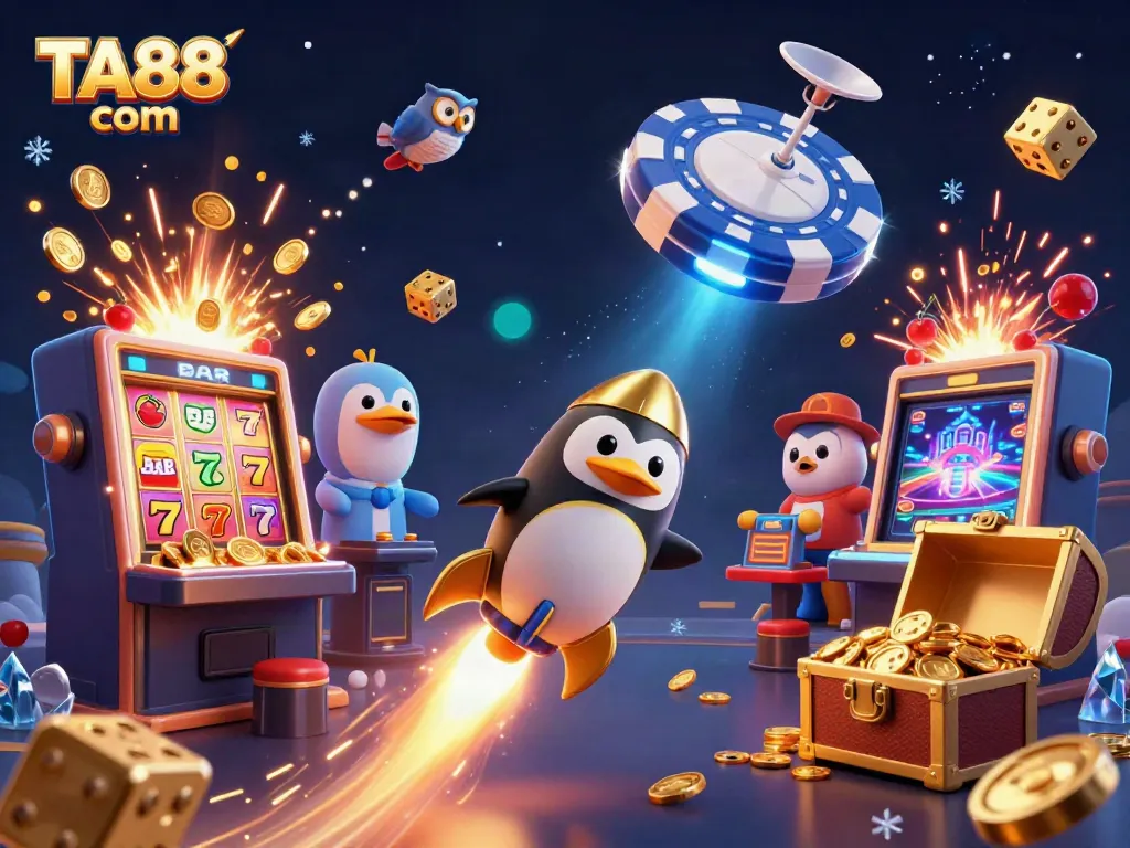 Experience exhilarating fun with TA88 com as a golden penguin flies toward a casino space station.