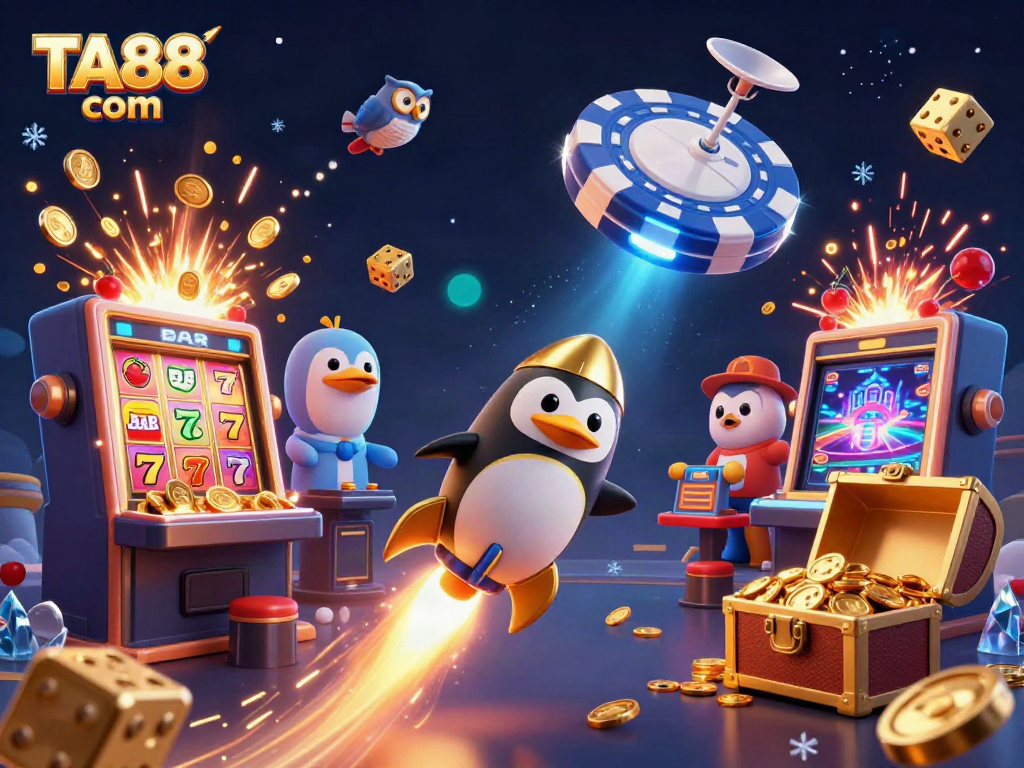 Experience exhilarating fun with TA88 com as a golden penguin flies toward a casino space station.