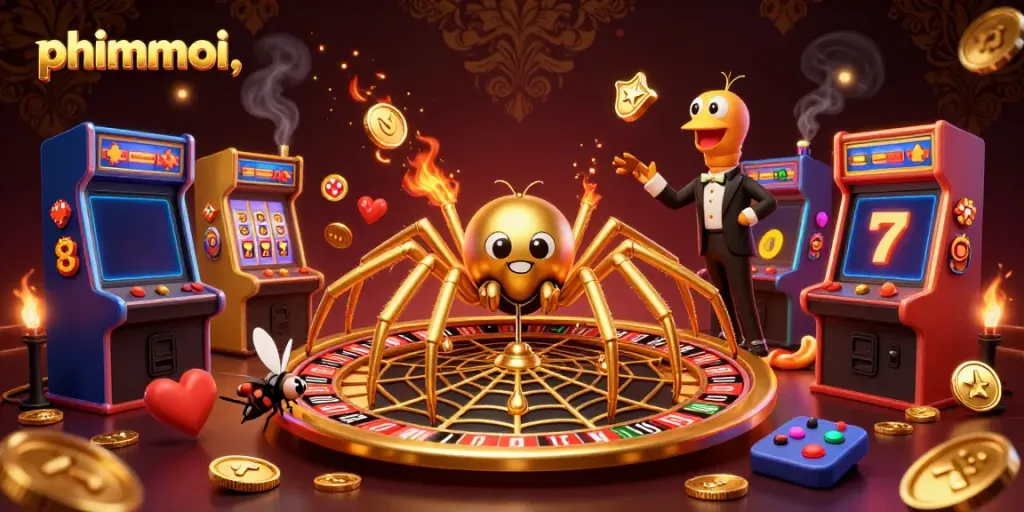 Engage with the phimmoi,, gaming experience featuring a roulette wheel web in a vibrant casino.