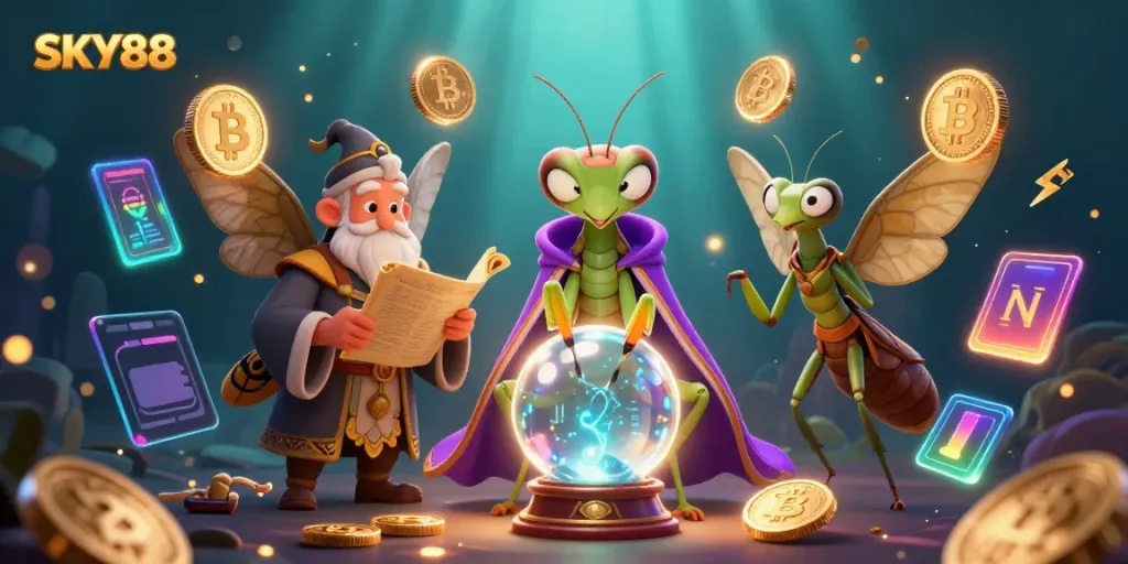 Immerse in SKY88 with vibrant casino elements, a fortune teller, and mystical vibes