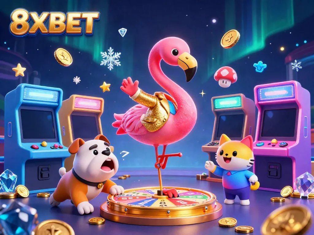 Experience thrilling wins at 8XBET with this vibrant illustration of an exciting casino game show.