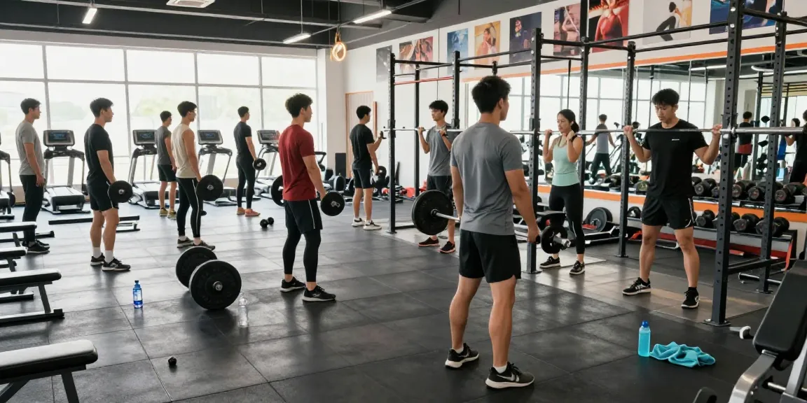 Prime Pharma Steroïden Winkel met fitnessers in moderne gym, inclusief gewichten en apparatuur.